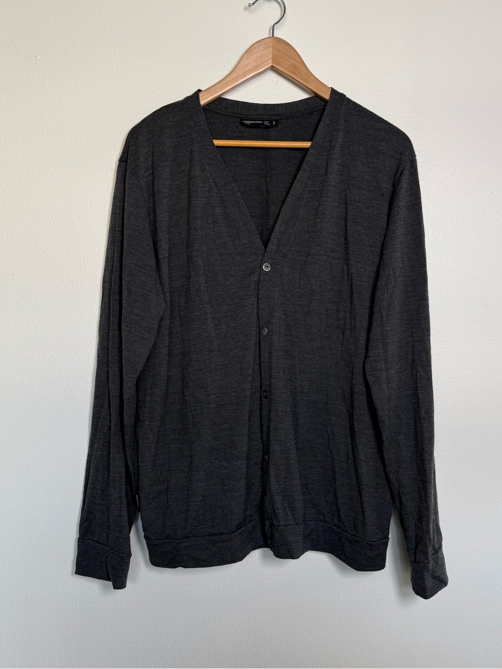 Icebreaker Merino Cardigan Sweater Mens Sz L Charcoal Long Sleeve 100% Wool